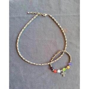 Silver Beaded Necklace With Colorful Cross Bracelet